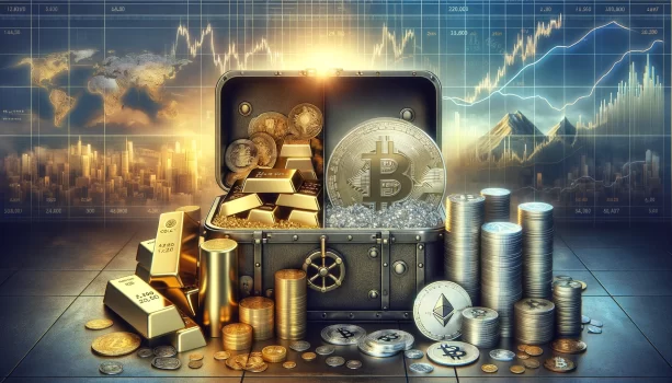 DALL·E 2024-03-11 22.10.58 - Create a landscape-oriented image that visually represents the concept of diversifying an investment portfolio to include gold, silver, and cryptocurr